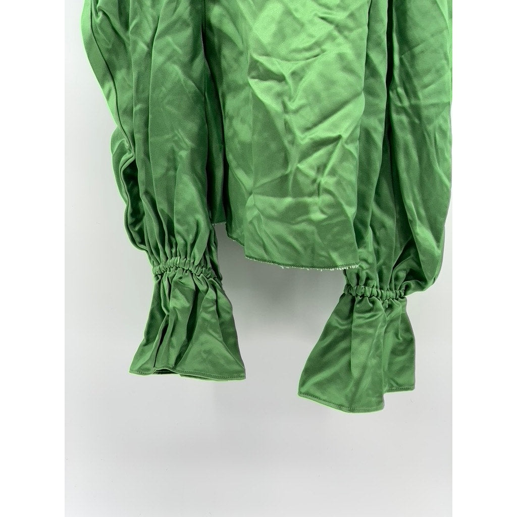 UNBRANDED Women's Green Satin Straight-Neck Long Sleeve Cutout Shoulder Top SZ M