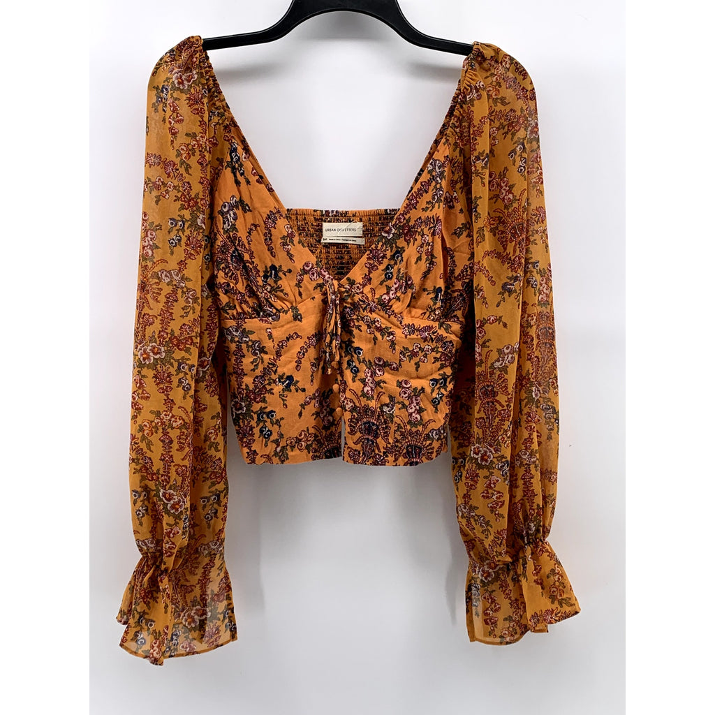 URBAN OUTFITTERS Women's Orange Floral Printed Bell Long Sleeve Top SZ S