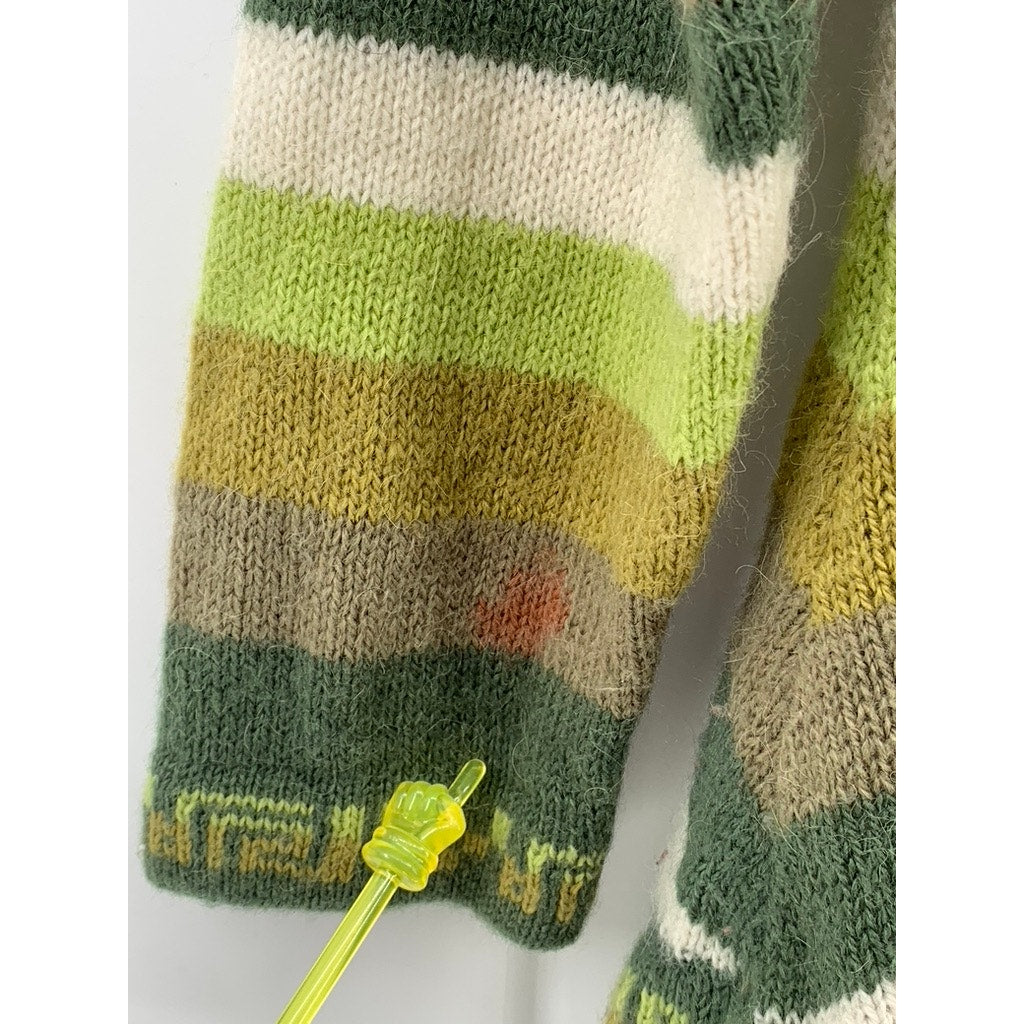 UNBRANDED Women's Green-Brown Printed Knit Hooded Fringe Hem Sweater SZ S