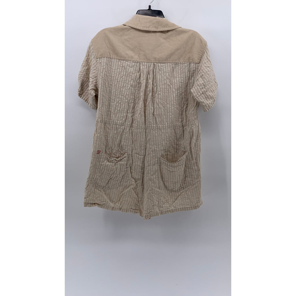 BDG Women’s Beige Seersucker Striped Button-Up Short Sleeve Relaxed Romper SZ M