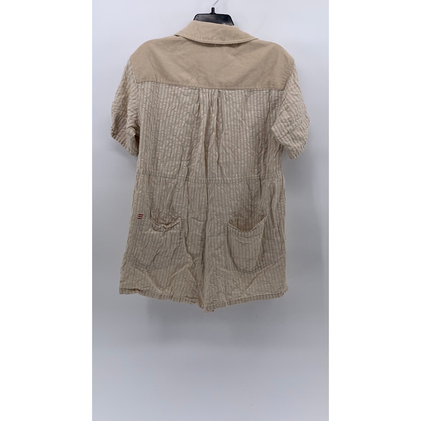 BDG Women’s Beige Seersucker Striped Button-Up Short Sleeve Relaxed Romper SZ M