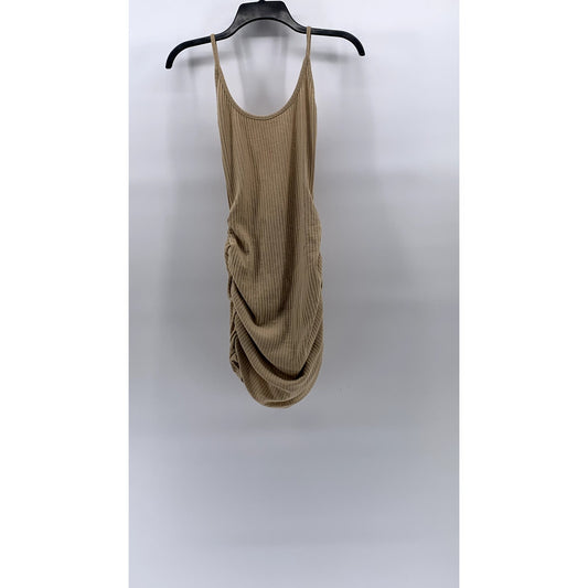 PRETTY LITTLE THINGS Women's Tan Ribbed Scoop-Neck Bodycon Mini Dress SZ 8