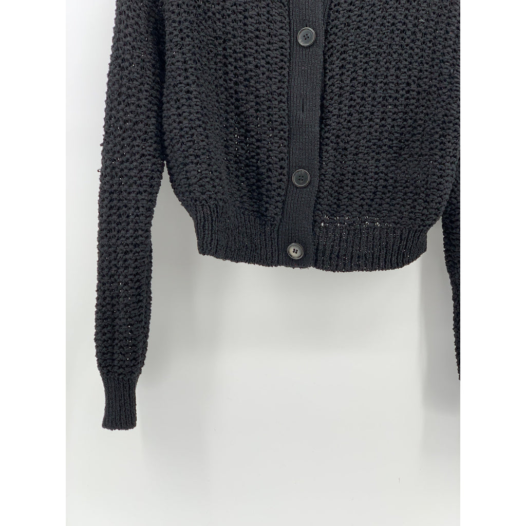 J.CREW Women's Black Open Knit Crewneck Button-Up Cropped Cardigan SZ M