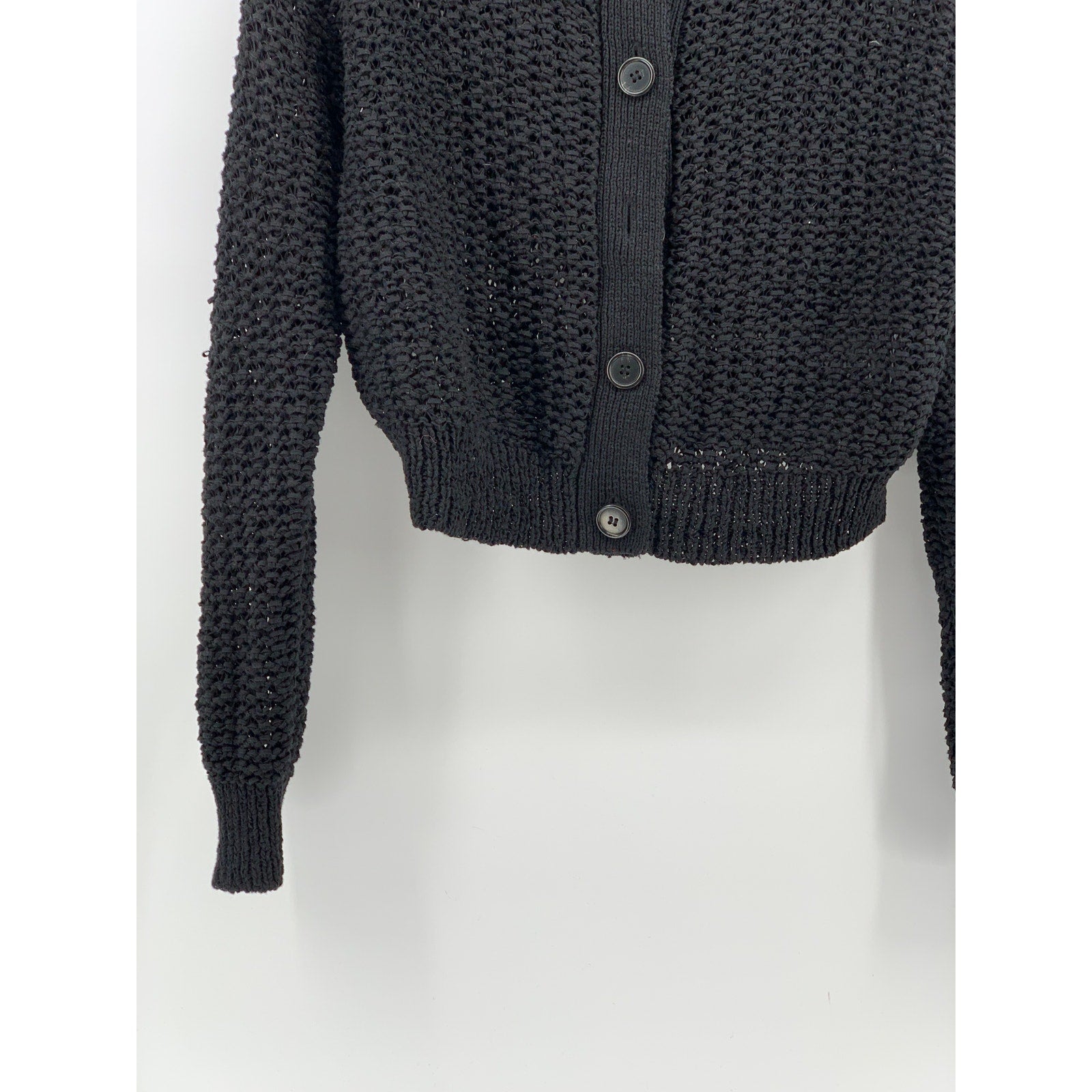 J.CREW Women's Black Open Knit Crewneck Button-Up Cropped Cardigan SZ M