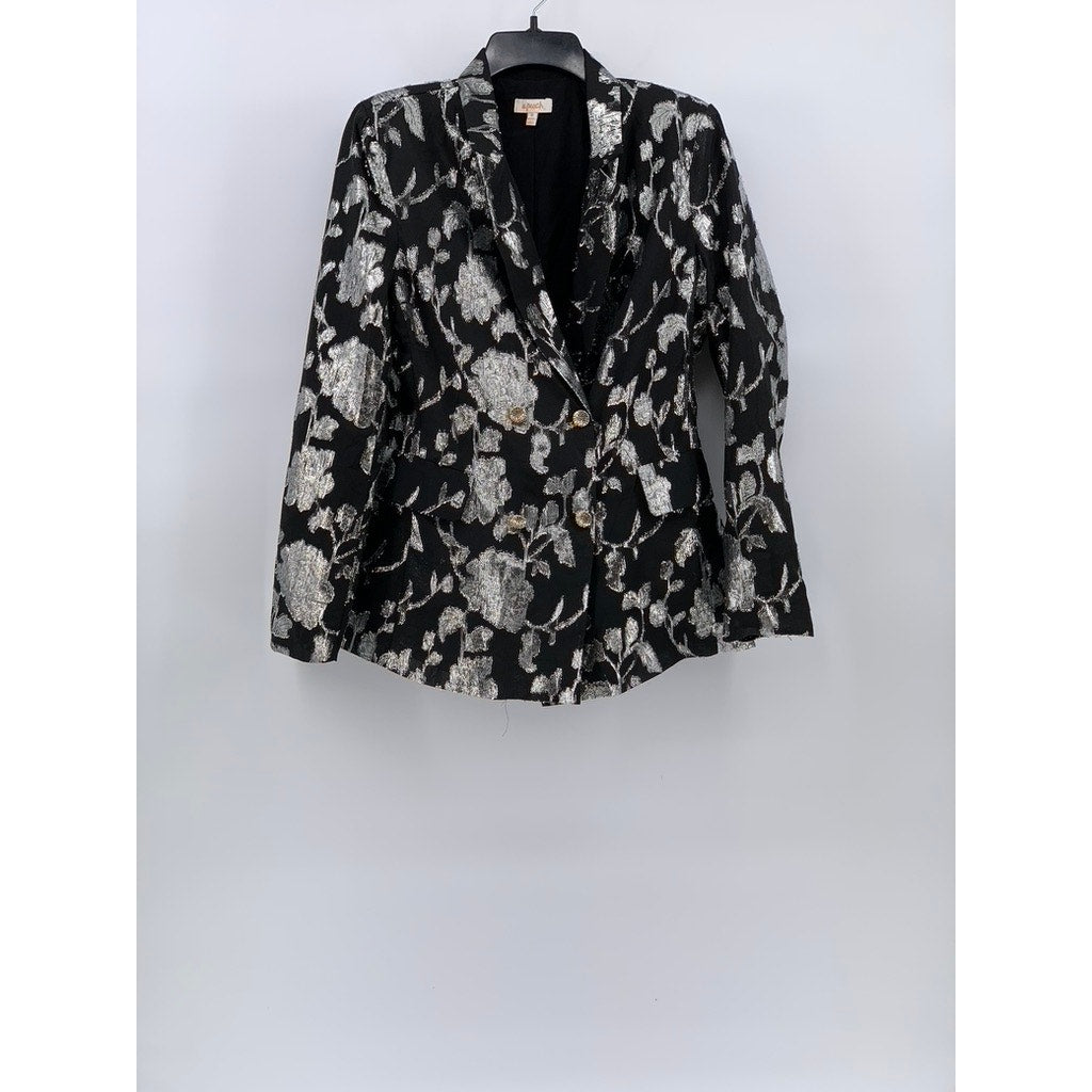 A.PEACH Women's Black-Silver Printed Double-Button Notch Collar Blazer SZ S