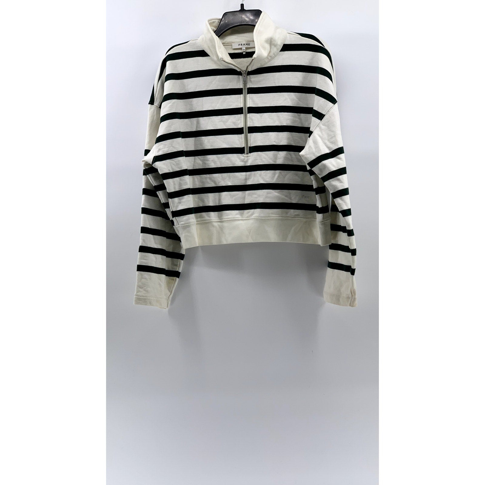 FRAME Women's White-Black Striped Half-Zip Mock Collar Long Sleeve Sweater SZ L