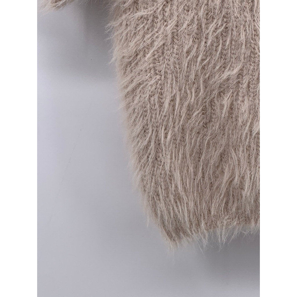 ZARA Women's Beige Fuzzy Knit Split-Neck Short Sleeve Cropped Polo Top SZ S