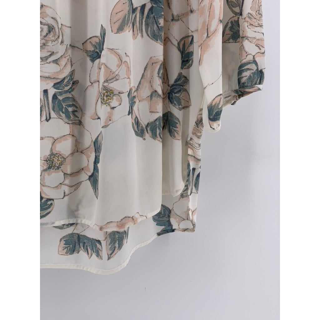LAUREN CONRAD Women's White Floral Pleated 3/4 Sleeve Top SZ XL