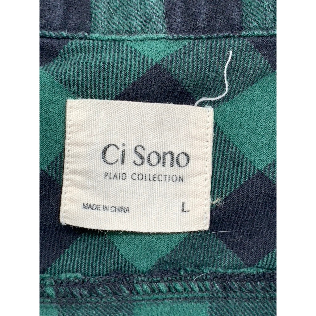 CI SONO Women's Black-Green Plaid Button-up Long Sleeve Regular-Fit Top SZ L