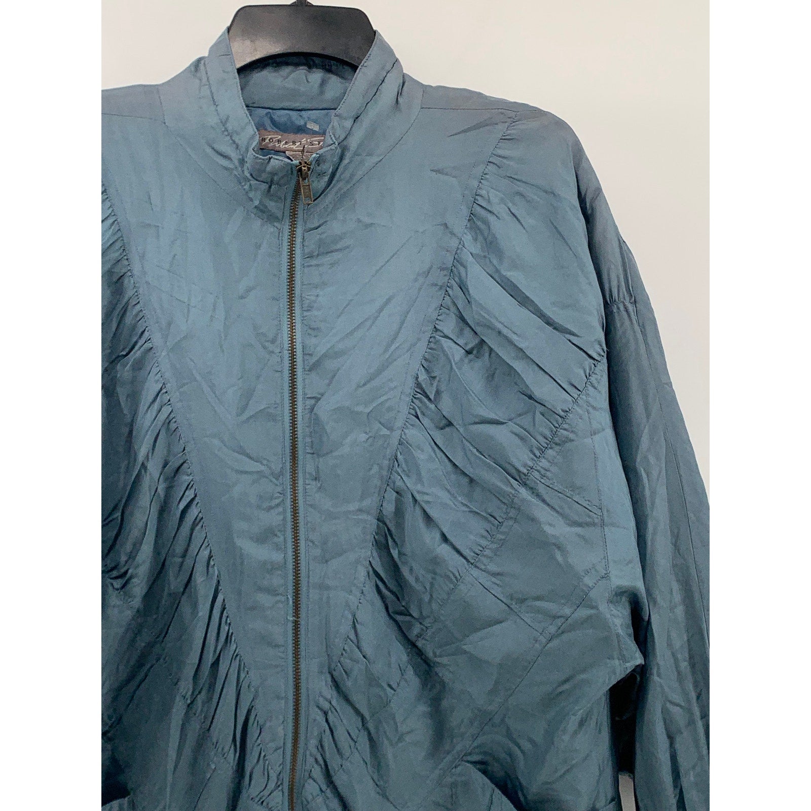 ROBERT STOCK Men's Vintage Blue Silk Pleated Zip-Up Bomber Jacket SZ M