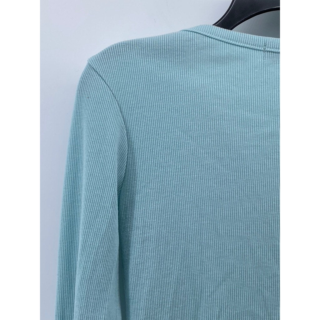 PALE JADE Women's Light Blue Ribbed V-Neck Long Sleeve Button-Up Top SZ S
