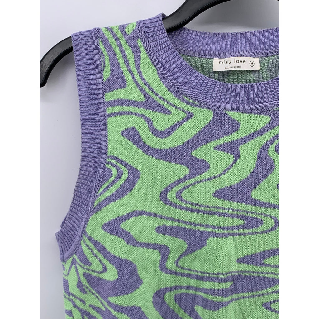 MISS LOVE Women's Purple-Green Swirl Crewneck Sleeveless Retro Sweater Vest SZ M