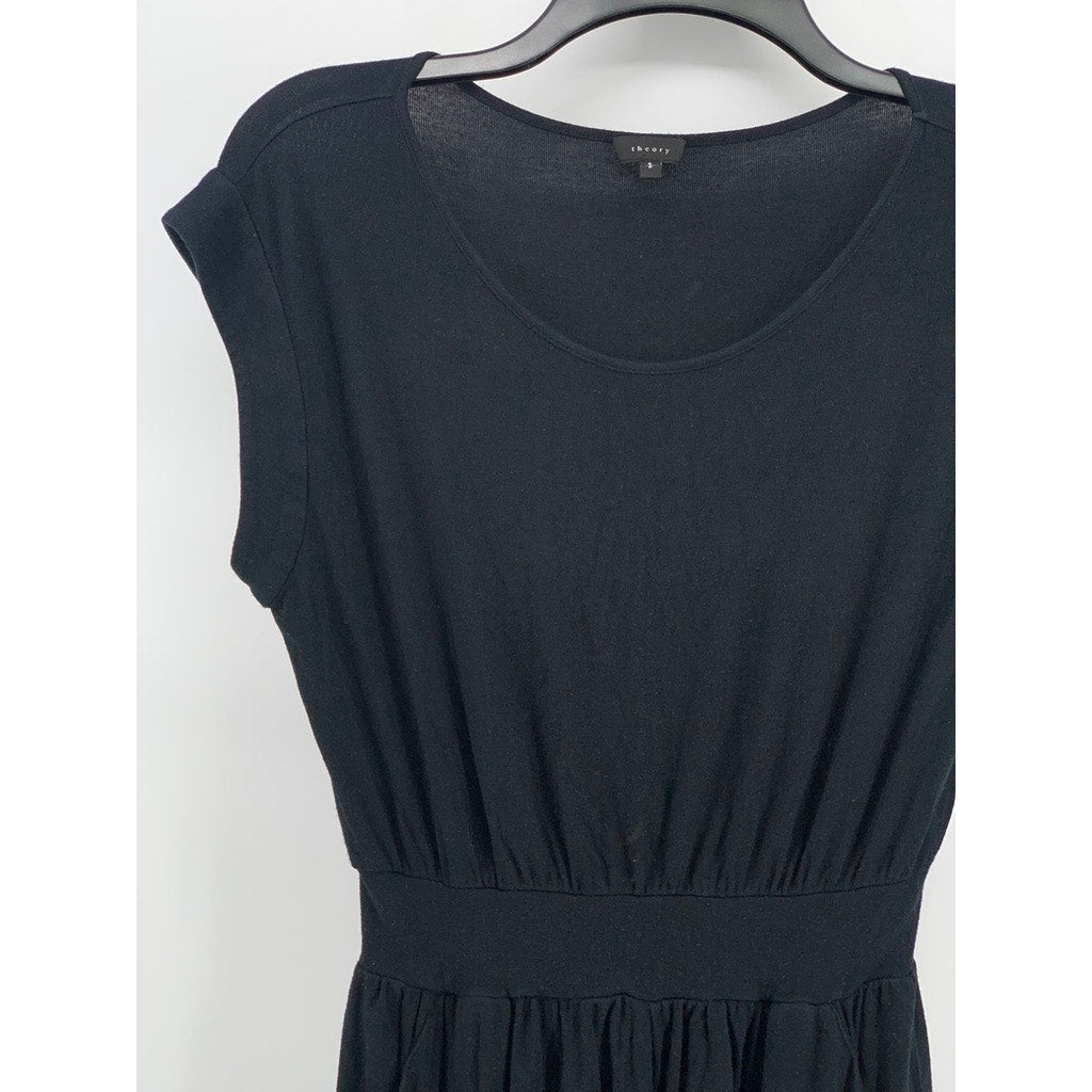 THEORY Women's Black Solid Crewneck Cap Short Sleeve Pocket Mini Dress SZ S