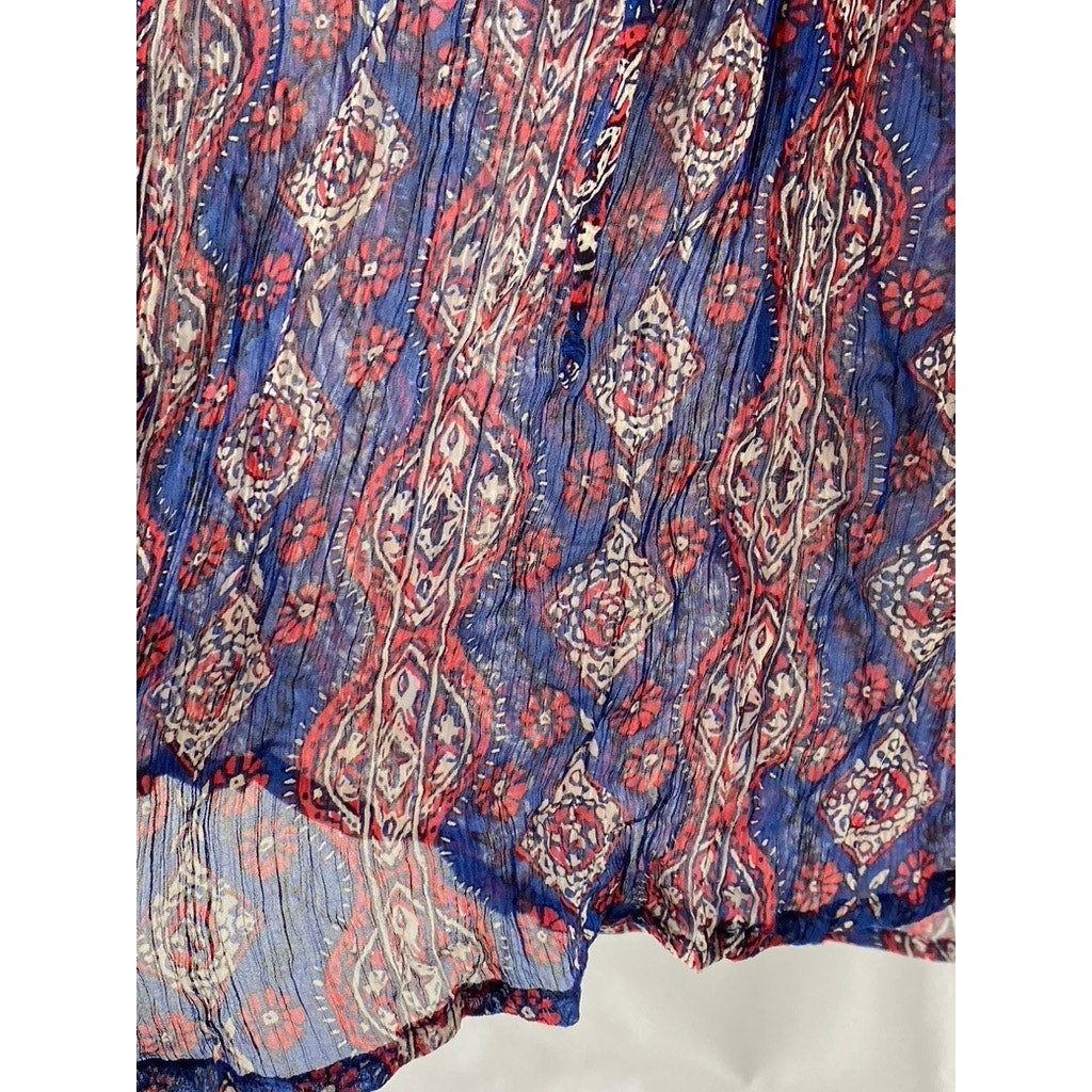 LUCKY BRAND Women’s Navy Crochet Knit 3/4 Cinched Sleeve Sheer Floral Top SZ M
