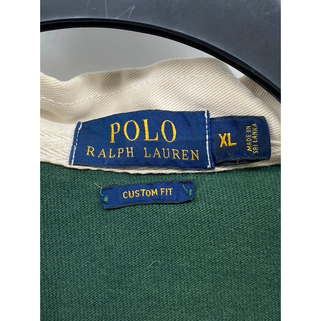 POLO RALPH LAUREN Men's Green-White Striped Custom Fit Rugby Polo Shirt SZ XL