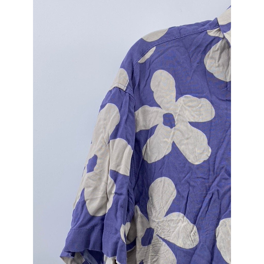 JACK & JONES Men's Blue-White Jorlagos Floral Button-Up Short Sleeve Shirt SZ L