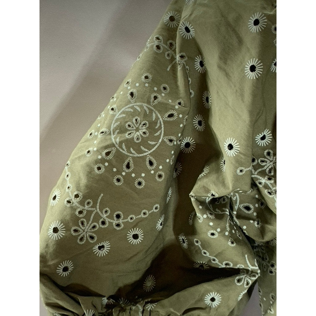 PRIMARK Women's Green Eyelet Keyhole Front Puff-Sleeve Maxi Dress SZ 12