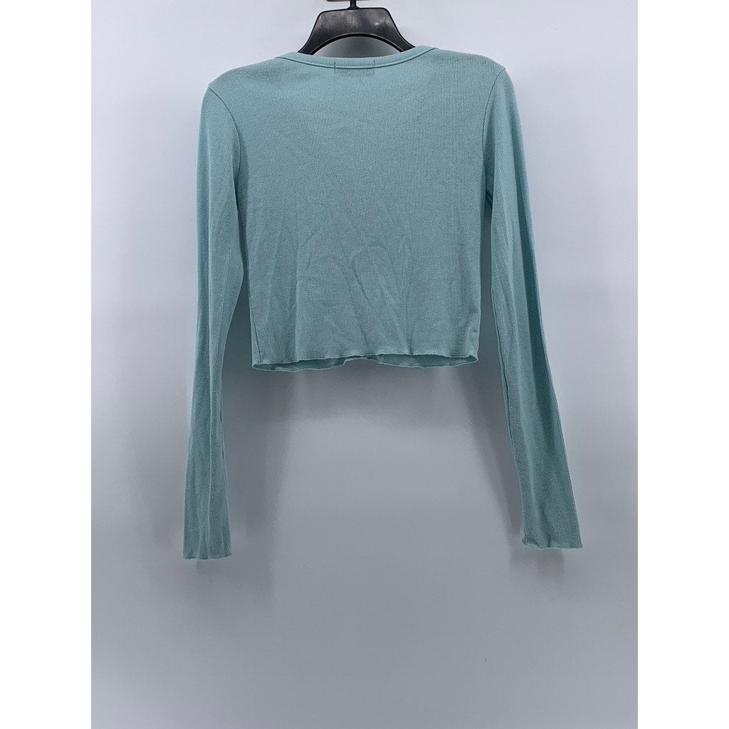 PALE JADE Women's Light Blue Ribbed V-Neck Long Sleeve Button-Up Top SZ S
