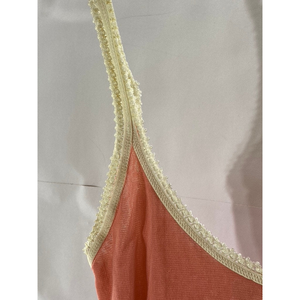 HONEYDEW Women's Pink-Beige Lace-Trim V-Neck Lettuce Hem Pullover Camisole SZ S