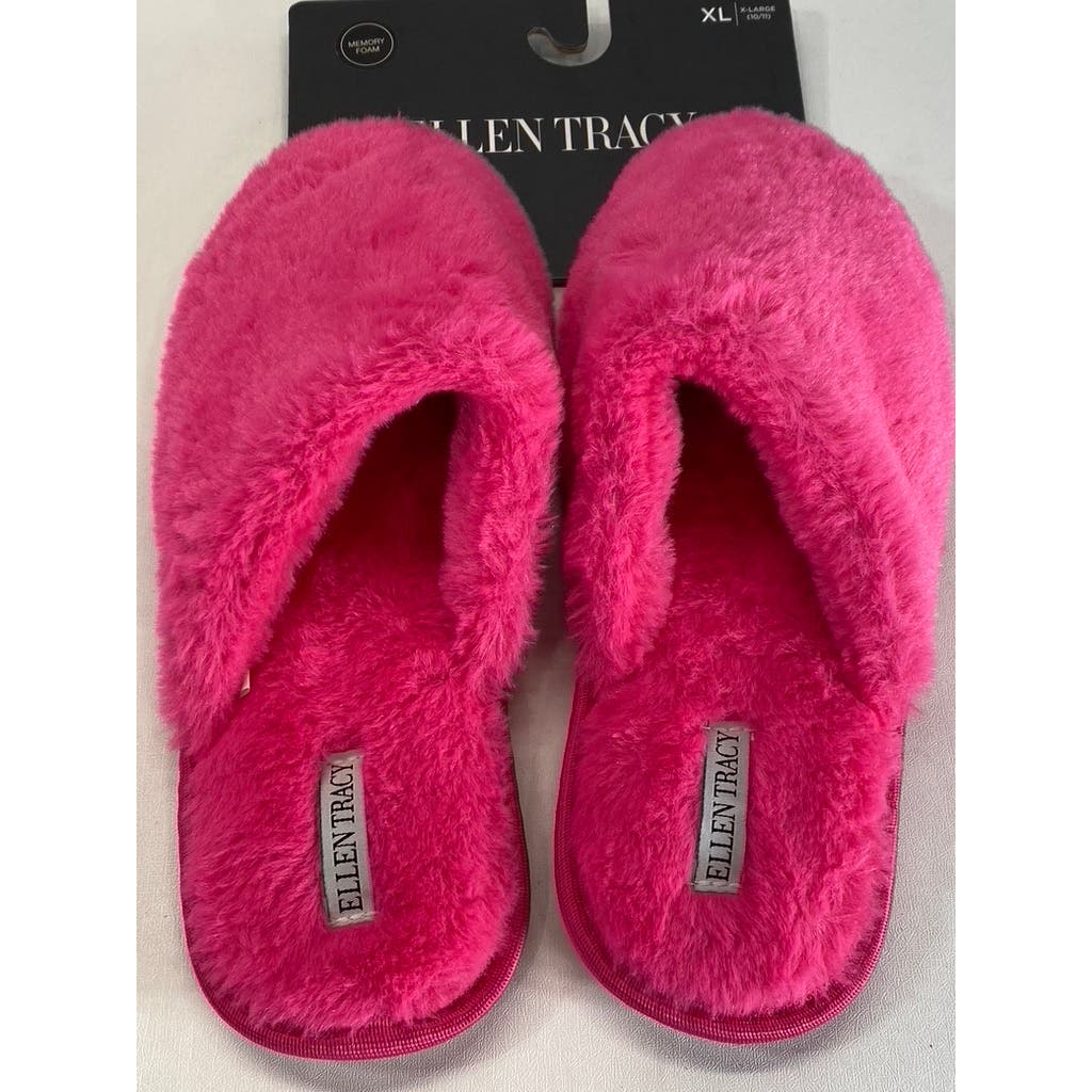 ELLEN TRACY Women's Fuchsia Faux-Fur Comfy Round-Toe Memory Foam Slipper SZ XL
