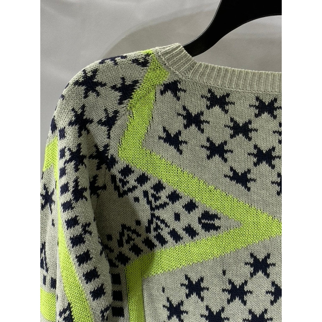 UNBRANDED Women's Gray-Neon Green Star-Print Long Sleeve Knit Sweater SZ M