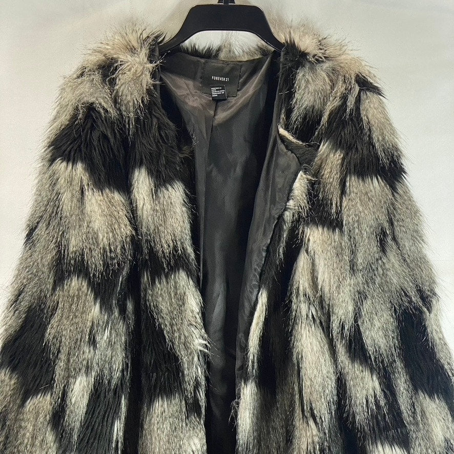 FOREVER 21 Women's Black/White Faux Fur Open-Front Coat SZ L