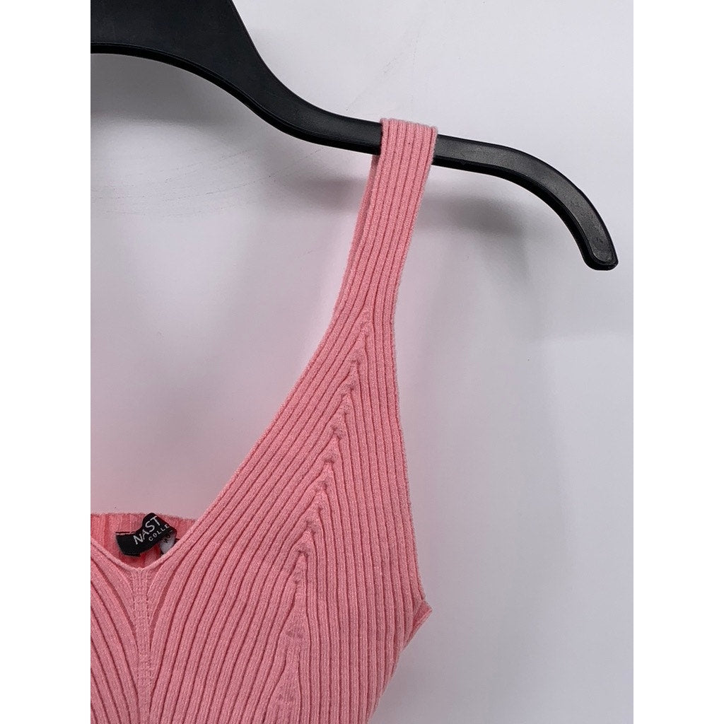 NASTY GAL COLLECTION Women's Light Pink Ribbed V-Neck Cropped Tank Top SZ S