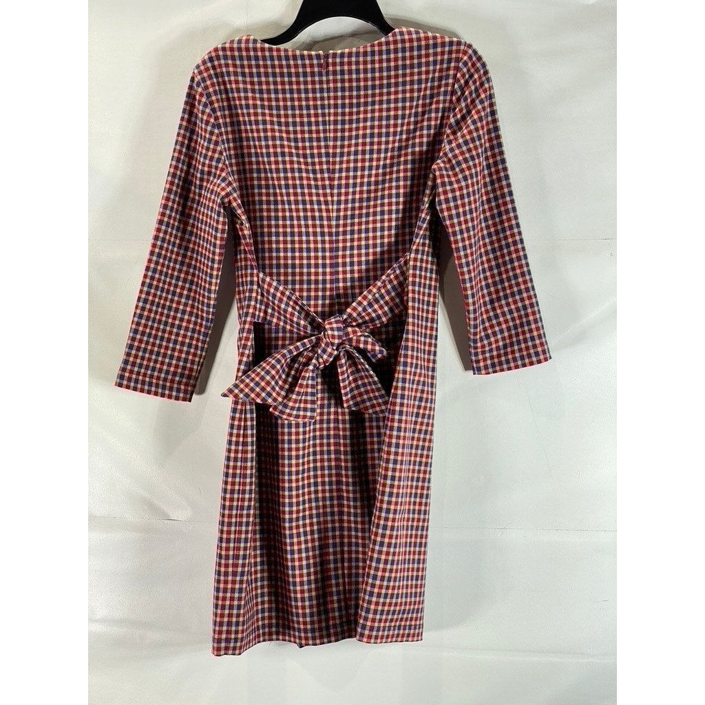 MARIELLA ROSATI Women's Red Mini Check Scoop-Neck Tie-Waist 3/4 Sleeve Dress SZM