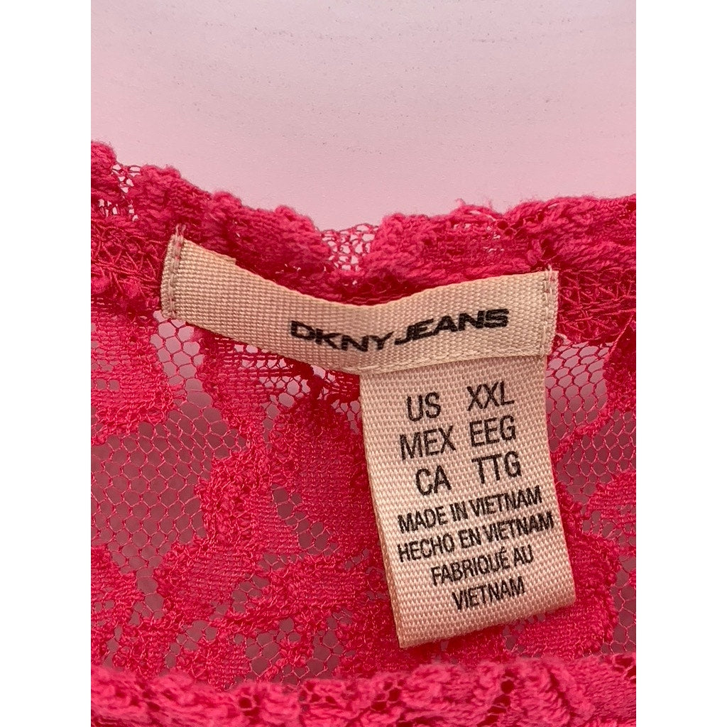 DKNY JEANS Women's Pink Floral Lace Shoulder Short Sleeve Tunic Top SZ 2XL