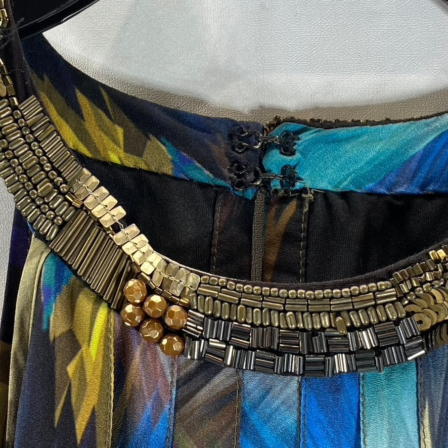 RANNA GILL Women's Blue Multi Tropical Tie-Waist Embellished Halter Dress SZ S