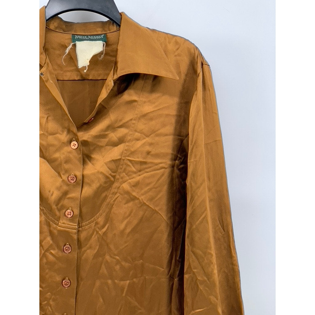 HARVE BENARD Women's Vintage Brown Button-Up Regular-Fit Long Sleeve Top SZ M