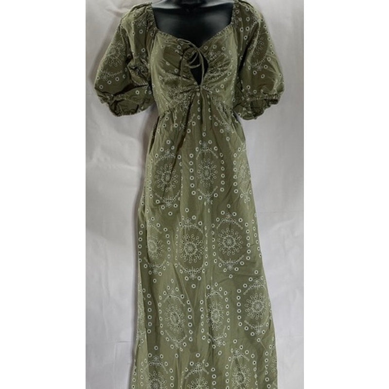 PRIMARK Women's Green Eyelet Keyhole Front Puff-Sleeve Maxi Dress SZ 12