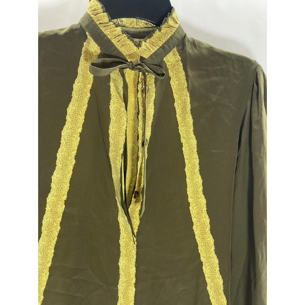 SERGE NANCEL Women’s Vintage Green-Yellow Tie-Neck Button-Up Too SZ 36(US6)
