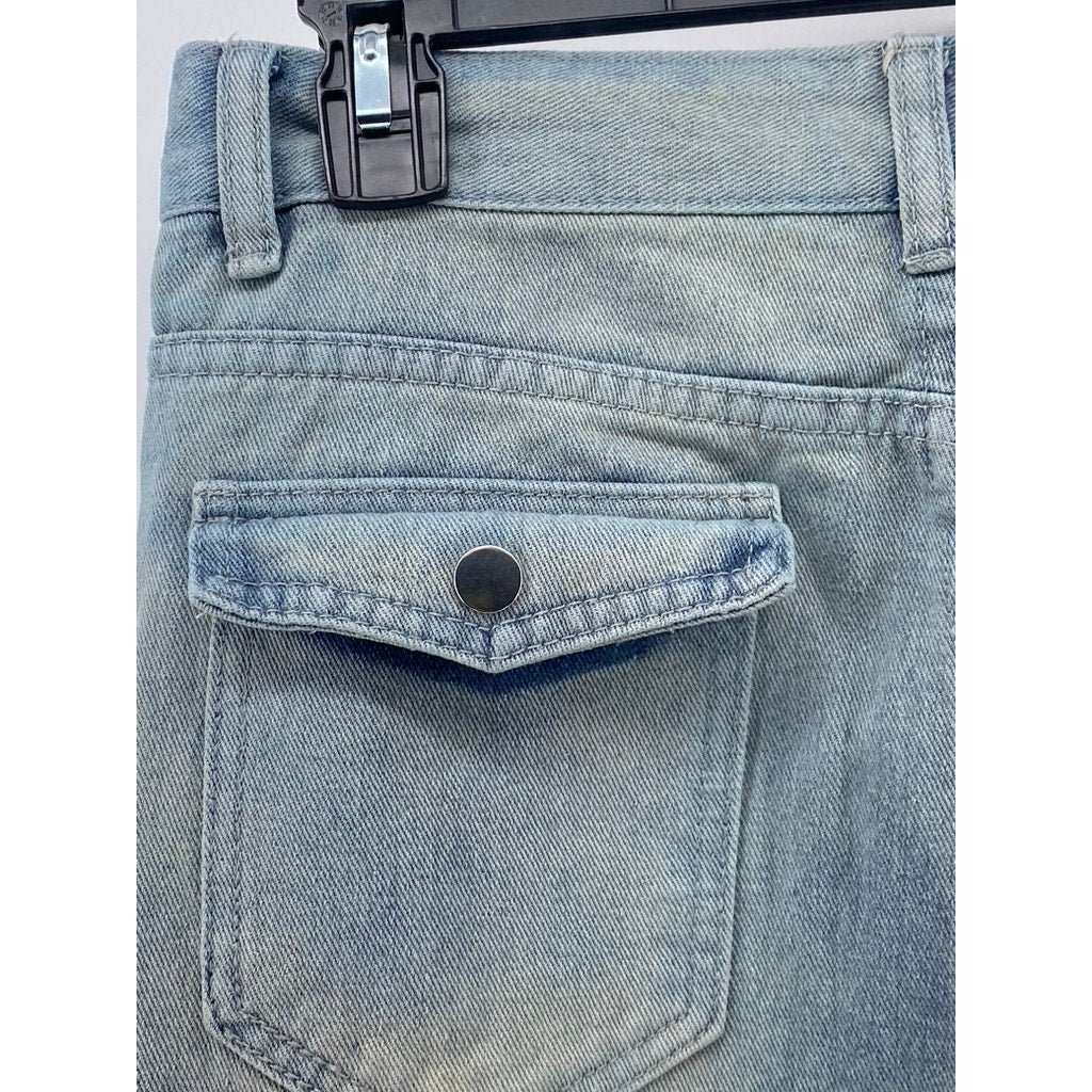 UNBRANDED Women's Light Blue Dyed Star Patch Streetwear Straight-Slim Jeans SZ M