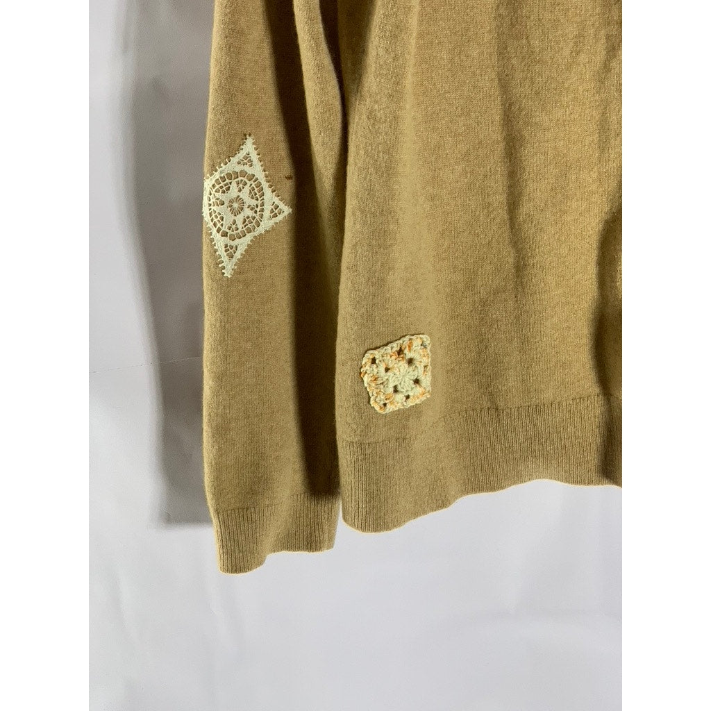 FLORAL AVE Women's Tan Cashmere Patch/Button Design Button-Up Cardigan SZ S