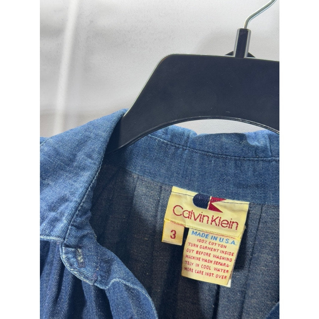 CALVIN KLEIN Women's Blue Denim Long Sleeve Polo-Collar Blouse SZ 3(S)