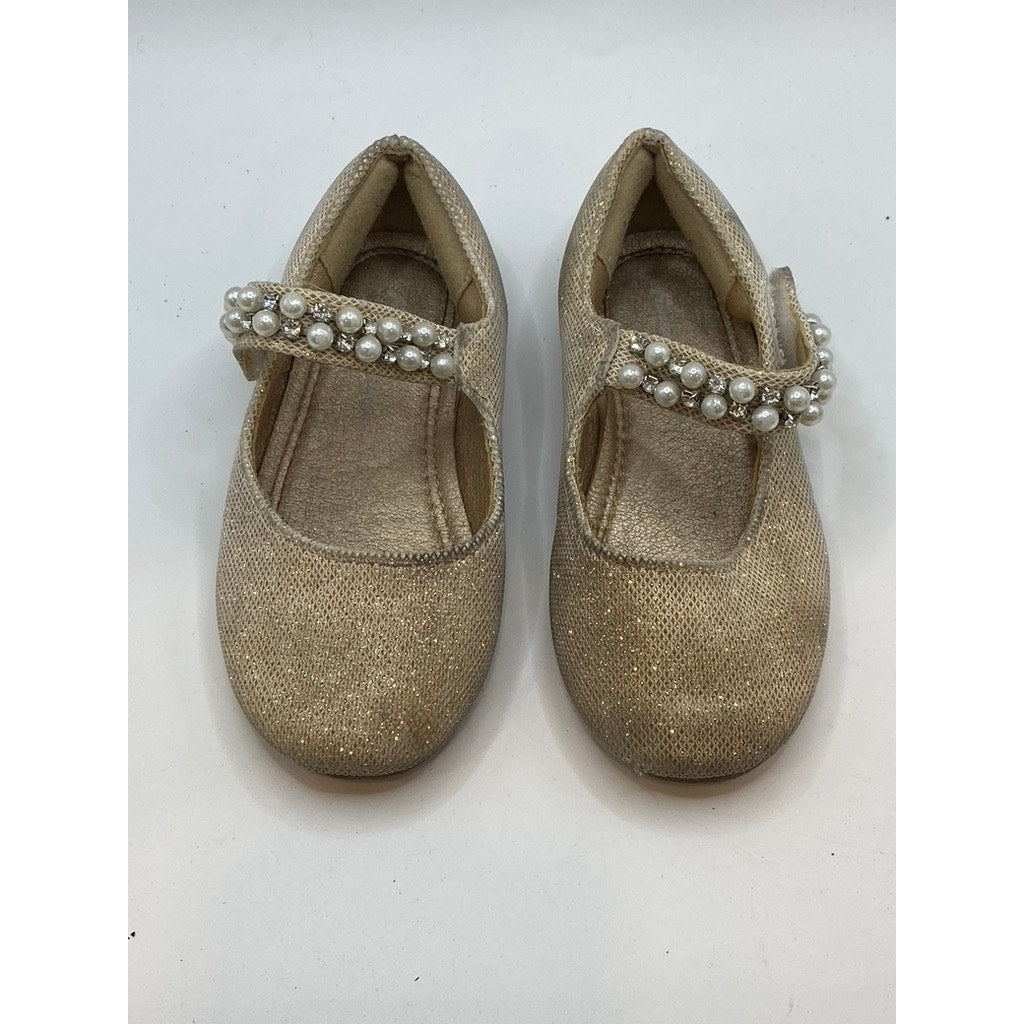 UNBRANDED Toddler Girls' Gold Metallic Faux Pearl & Rhinestone Mary Jane SZ 7