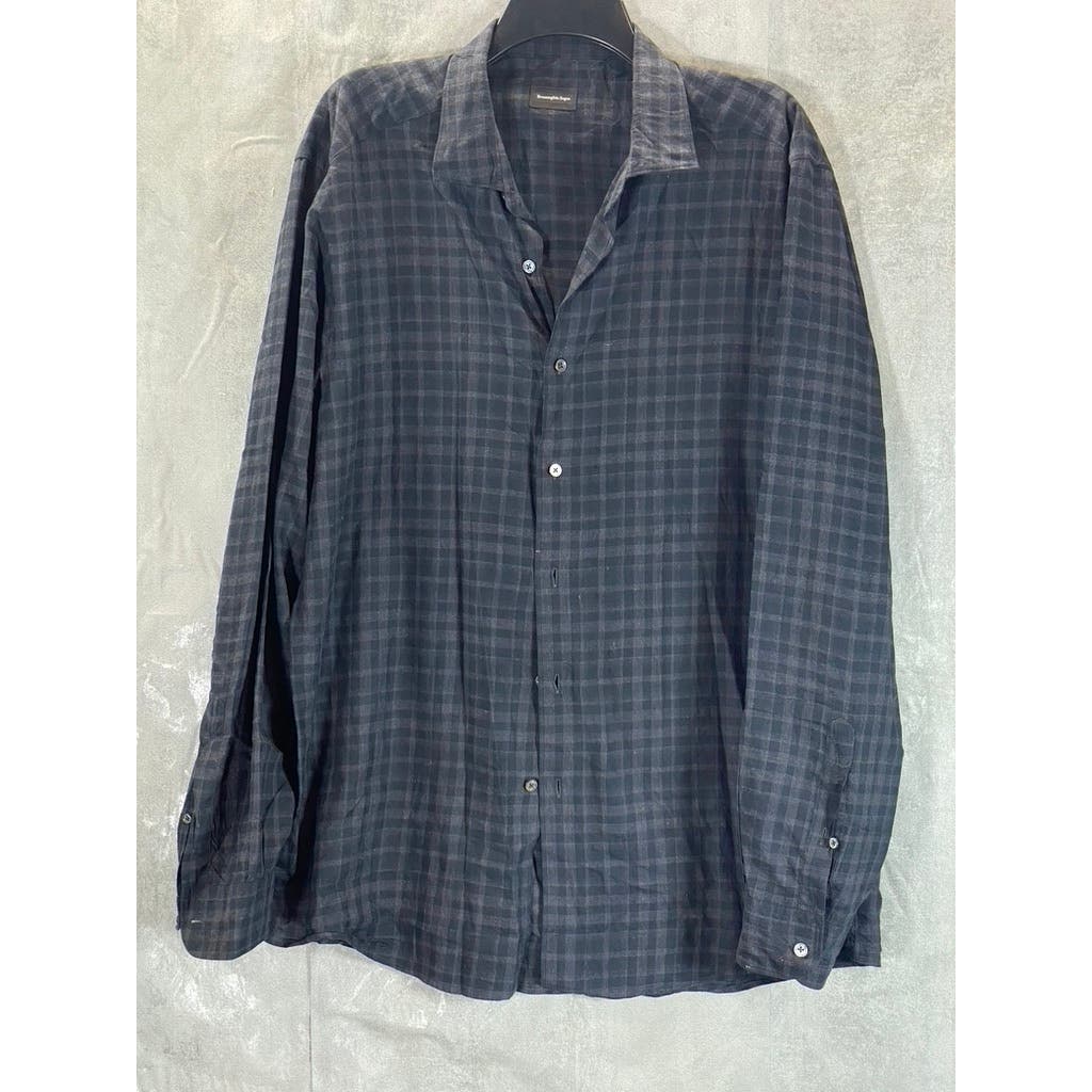 ERMENEGILDO ZEGNA Men's Dark Gray Plaid Classic-Fit Long Sleeve Shirt SZ XL