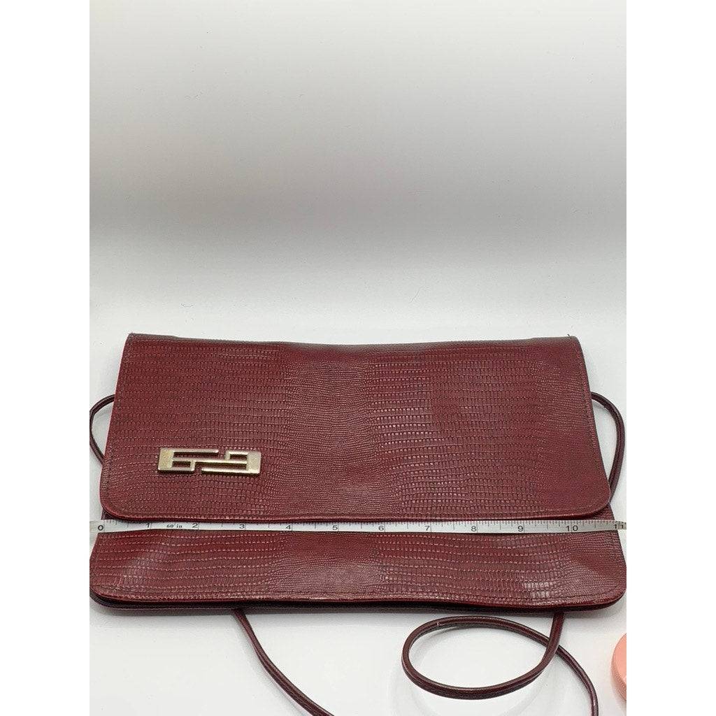Women's Vintage Burgundy Snakeskin Flap Snap Button Cross Body Clutch Bag