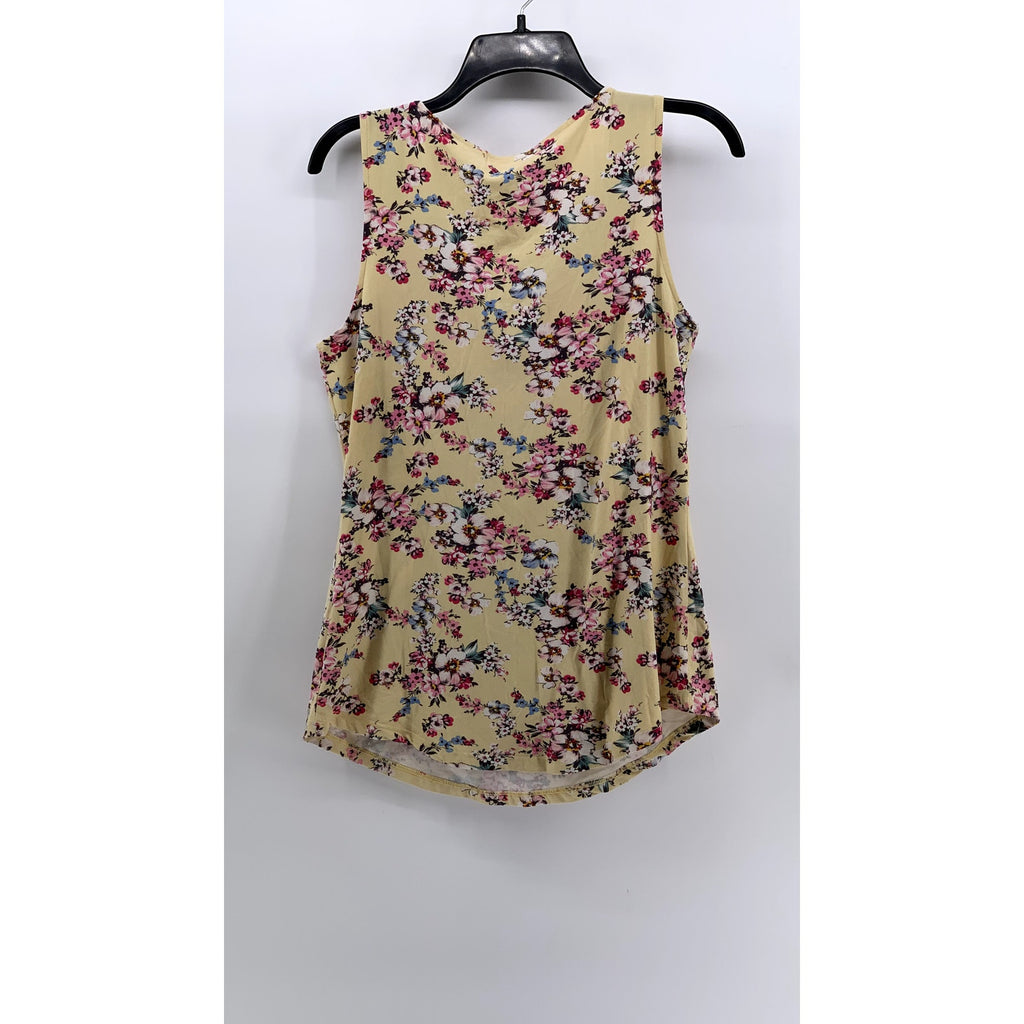 NO COMMENT NY LA Women's Tan Floral V-Neck Cutout Sleeveless Top SZ L