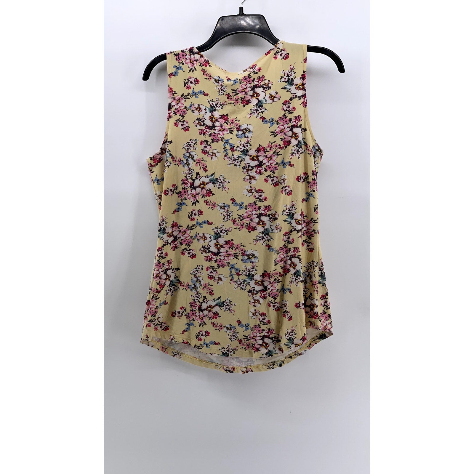 NO COMMENT NY LA Women's Tan Floral V-Neck Cutout Sleeveless Top SZ L