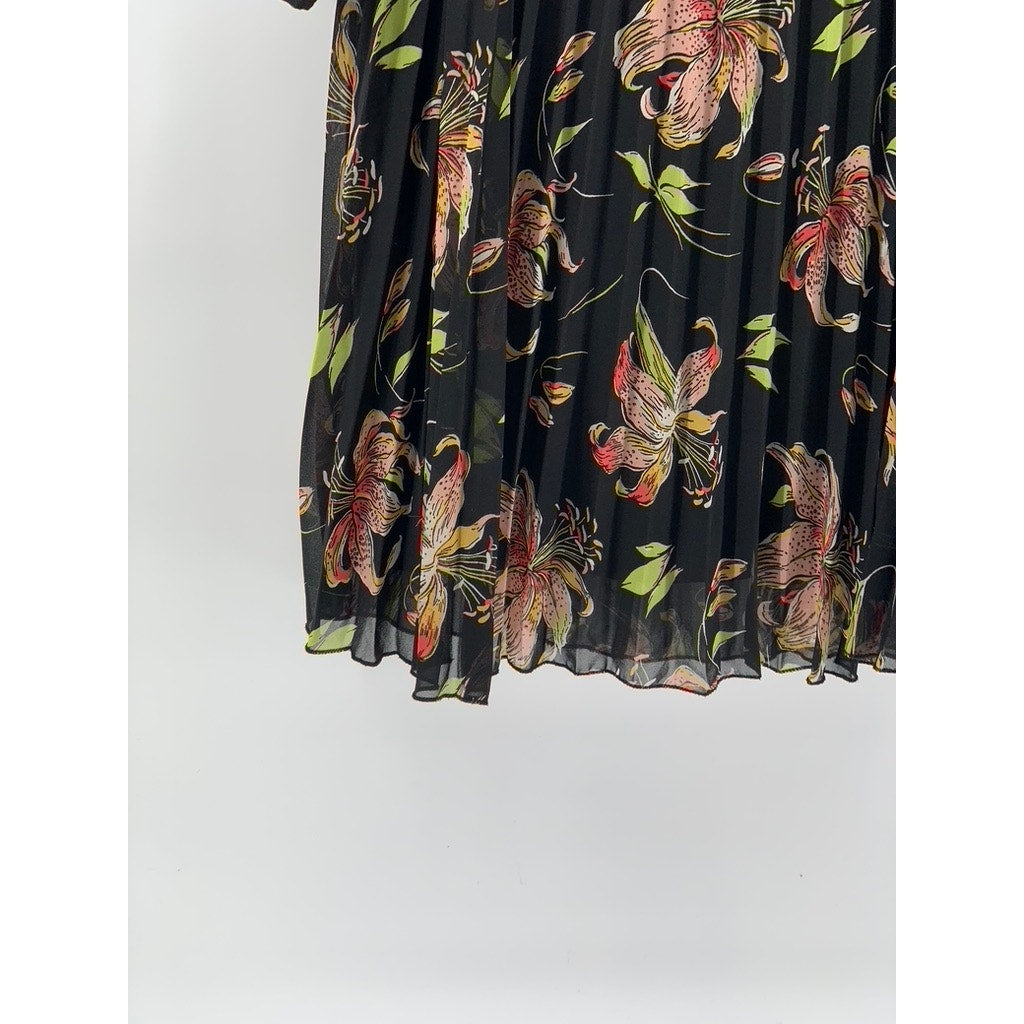 ASOS Women's Black Floral Print Long Sleeve Pleated A-Line Knee Length Dress SZ8
