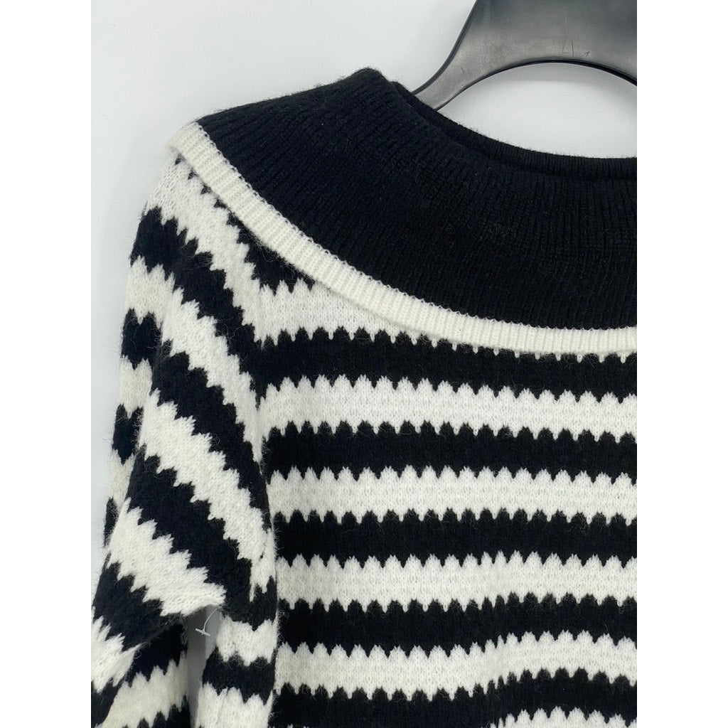 OVER KLESHAS Women’s Black-White Collared Knit Striped Sweater SZ L/XL