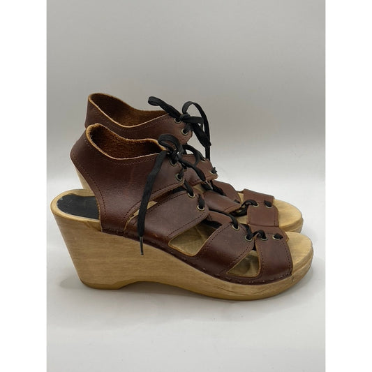 NO. 6 Women's Brown Leather Lace-Up Peep-Toe Wedge Sandals SZ 38(US7.5)