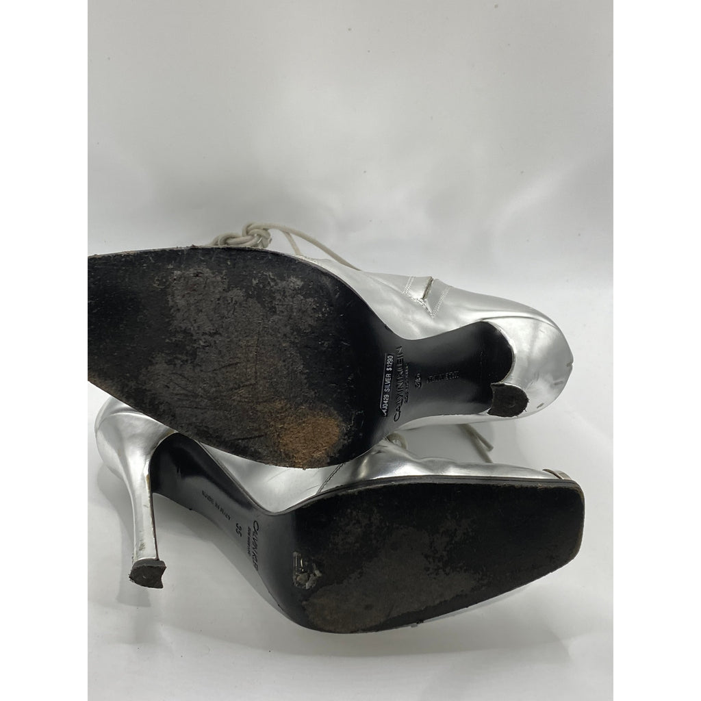 CALVIN KLEIN Women's Silver Metallic Windora Mid Lace-Up Grunge Boots SZ 5