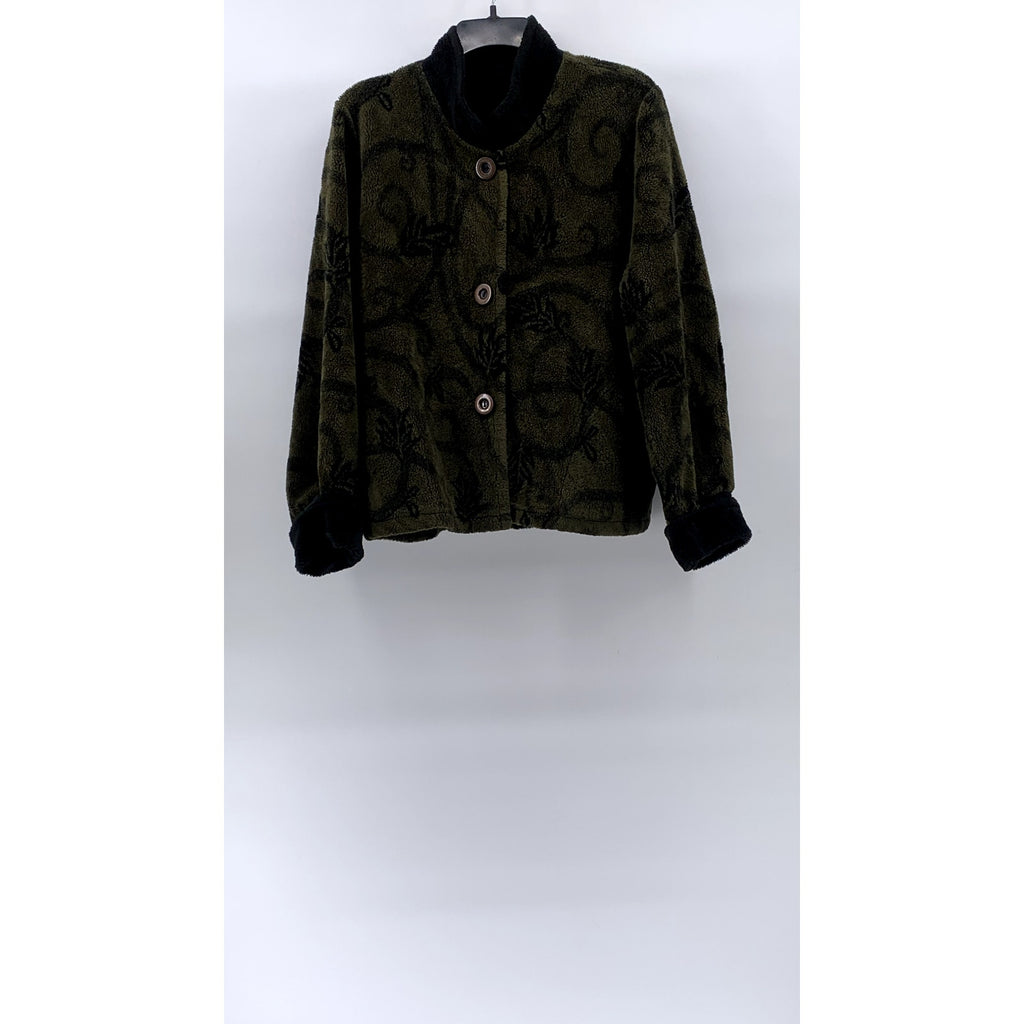MARALYCE FERREE Women's Olive Green-Black Fleece Floral Print Button-Up Coat SZL