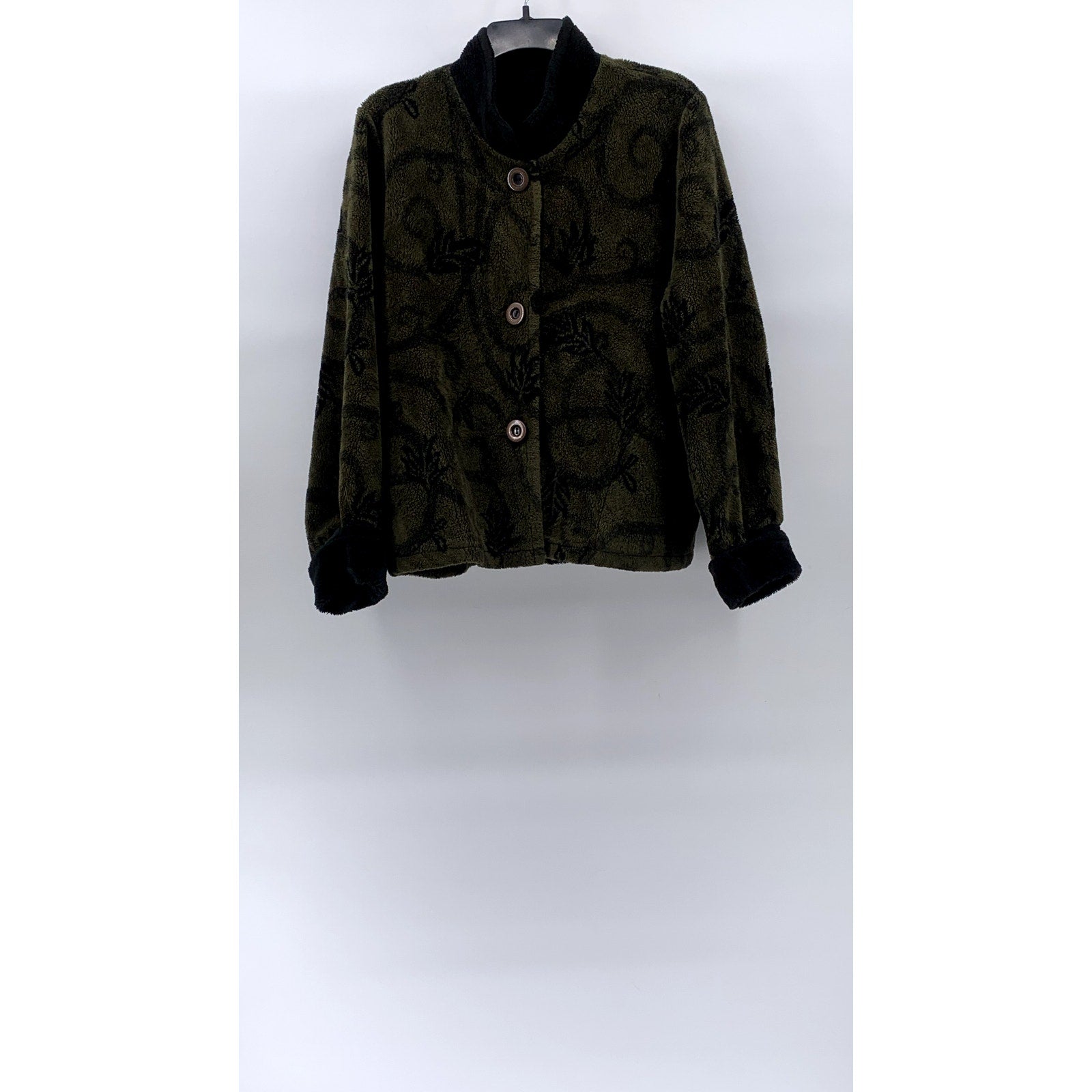 MARALYCE FERREE Women's Olive Green-Black Fleece Floral Print Button-Up Coat SZL