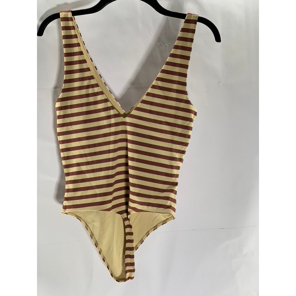 BABATON Women's Tan/Burgundy Striped Double V-Neck Thong Bodysuit SZ M
