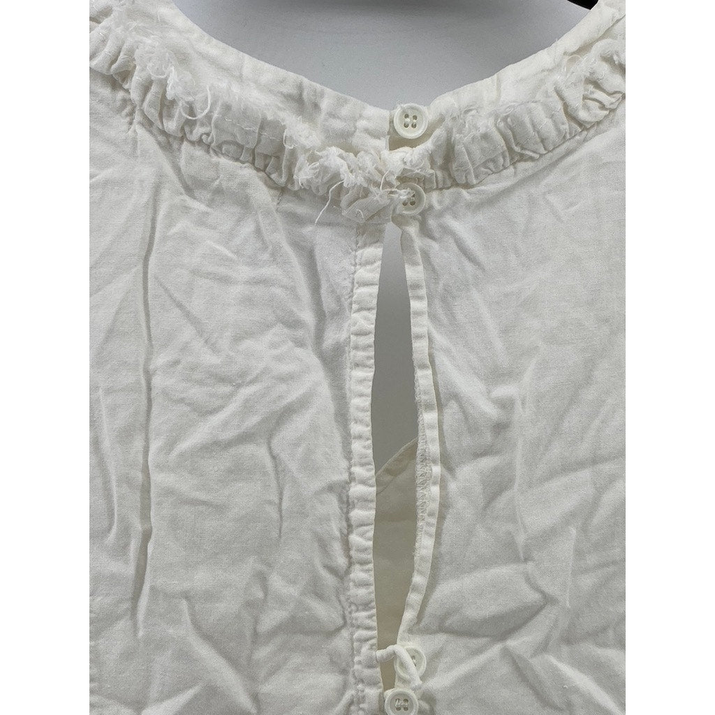 LOVESTITCH Women's White Ruffle V-Neck Raw Short Sleeve Tiered Mini Dress SZ M