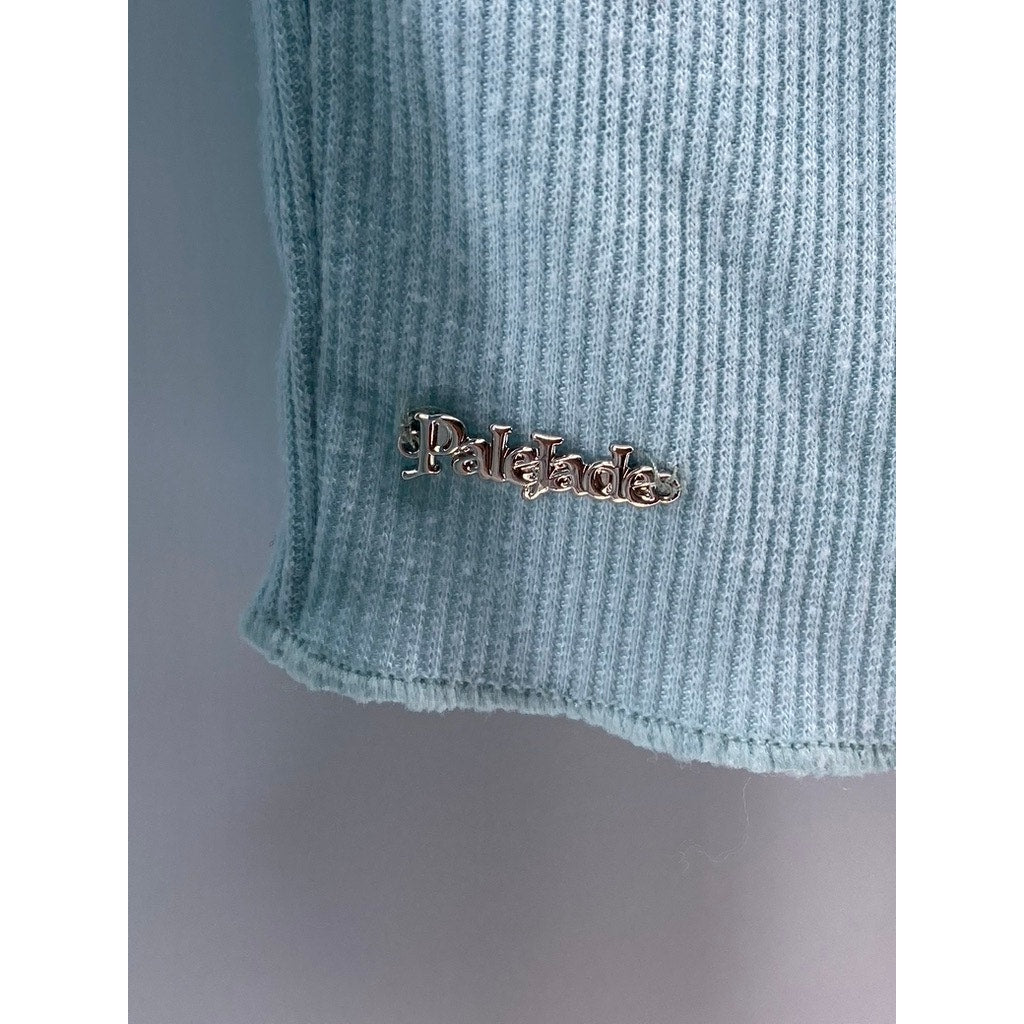 PALE JADE Women's Light Blue Ribbed V-Neck Long Sleeve Button-Up Top SZ S